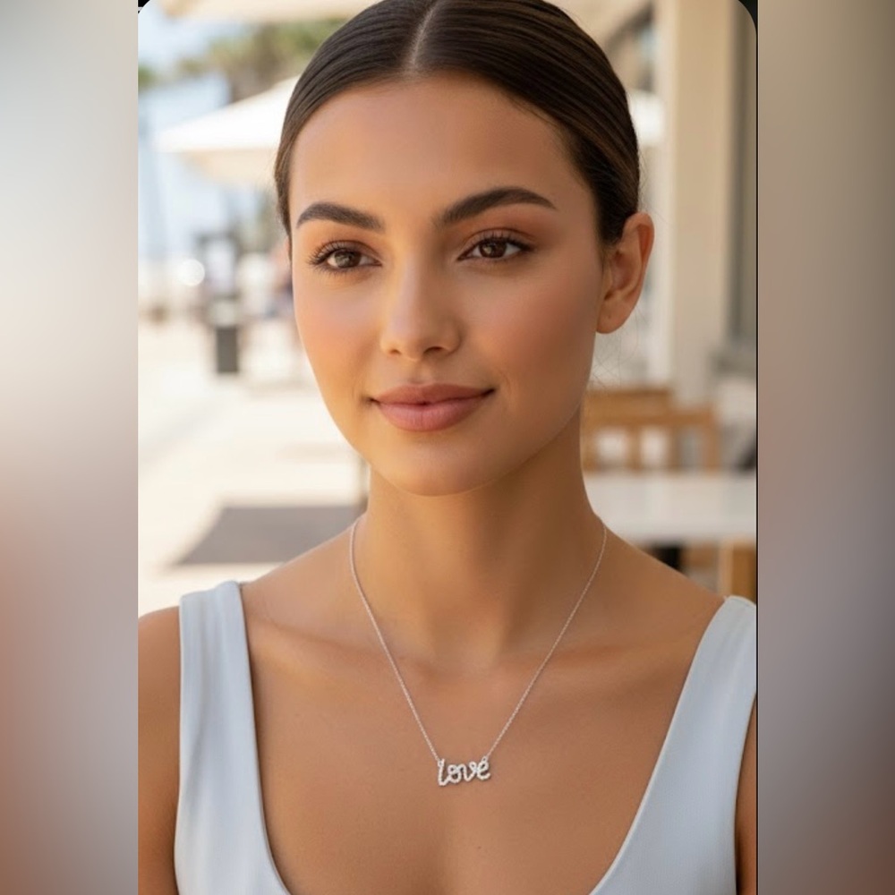 18k White Gold Diamond LOVE Pendant Necklace 18" Script Cursive Lettering, w/Box